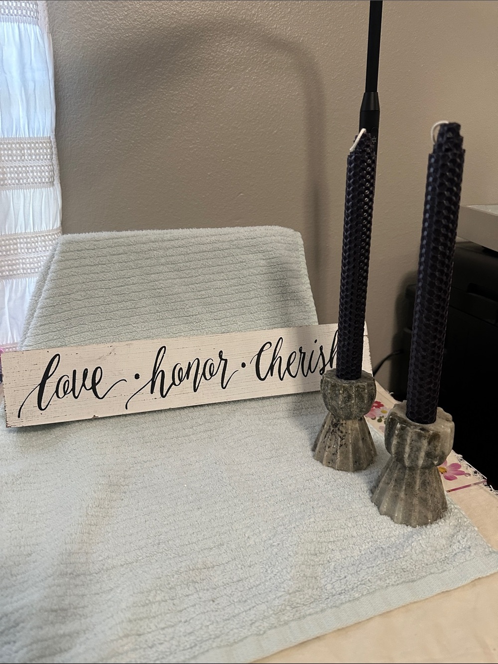 Love • Honor • Cherish Script Sign - White & set of 2 marble candlestick holders